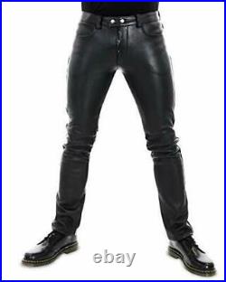 Men's Cowhide Black Real Leather Slim fit Jeans Thigh fit Luxury Pant Trousers