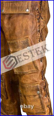 Men's Cowhide Brown Wax Leather Pants Side Laced Biker Leder Pants Trousers