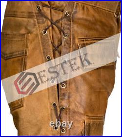 Men's Cowhide Brown Wax Leather Pants Side Laced Biker Leder Pants Trousers