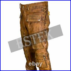 Men's Cowhide Leather Bluf Breeches Lederhosen Cargo Pants Trouser Tan Cuir