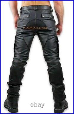 Men's Cowhide Leather Cargo Pants Men's Leather Pant Punk Kink Jeans BLUF Pant