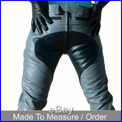 Men's Cowhide Leather Jeans Bluf Breeches Lederhosen Double Zip Pants Trousers