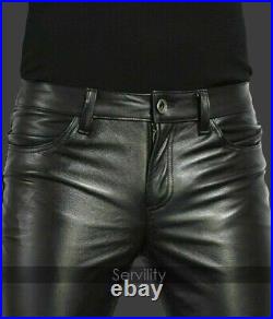 Men's Cowhide Leather Jeans Thigh Fit Outrageously Cuir Pants Trousers Schwarz