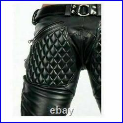 Men's Cowhide Leather Punk Padded Pants Bikers Cuir Trousers Jeans Breeches BLUF