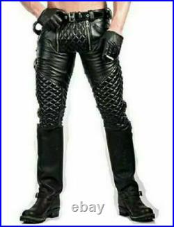 Men's Cowhide Leather Punk Padded Pants Bikers Cuir Trousers Jeans Breeches BLUF
