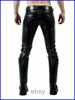 Men's Cowhide Leather Punk Padded Pants Bikers Gay Trousers Jeans Breeches BLUF