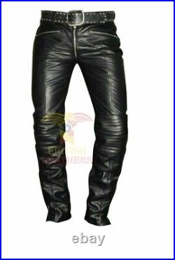 Men's Cuir Cowhide Leather Pants Bikers Motorcycle Jeans lederhosen Trousers Gay