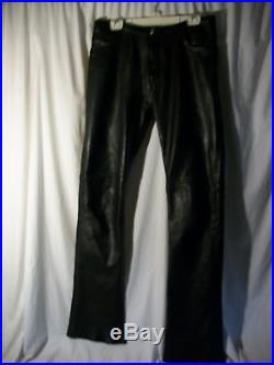 Men's Custom Black Leather Whip Stitch Biker Pants Skulls & Crosses 34 X 37