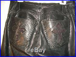 Men's Custom Black Leather Whip Stitch Biker Pants Skulls & Crosses 34 X 37