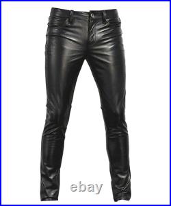 Men's Genuine Cow Leather Party Pants Slim Fit Real Leather Pant Casual Black