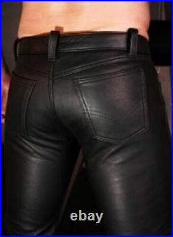 Men's Genuine Cowhide Leather Biker Trouser Real Leather Slim Fit Pants