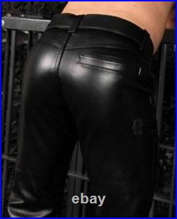 Men's Genuine Cowhide Leather Pants Carpenter Leather Pants Trouser With Pockets