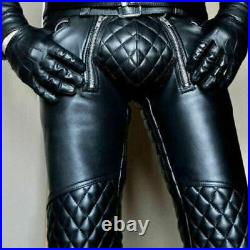 Men's Genuine Cowhide Leather Pants Real Leather Biker Trouser Quilted Pants