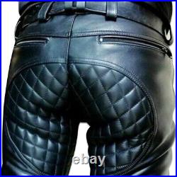 Men's Genuine Cowhide Leather Pants Real Leather Biker Trouser Quilted Pants