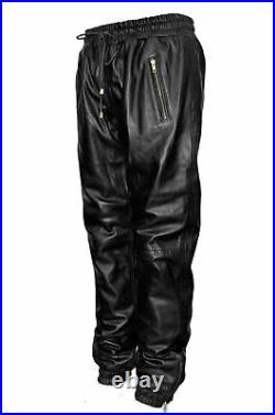 Men's Genuine Lambskin 100% Leather Pant Stylish Laced Track Black Joggers