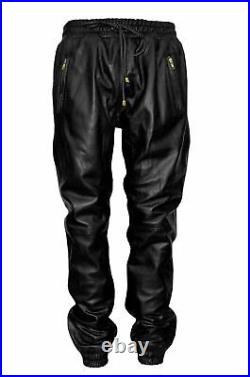 Men's Genuine Lambskin 100% Leather Pant Stylish Laced Track Black Joggers
