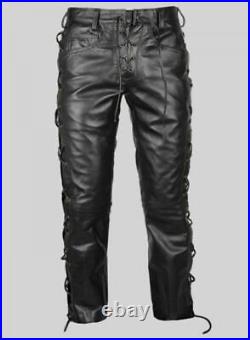 Men's Genuine Lambskin 100% Leather Pant Stylish Outdoor Wear Black Laced Jogger
