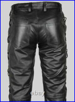 Men's Genuine Lambskin 100% Leather Pant Stylish Outdoor Wear Black Laced Jogger