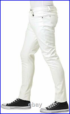 Men's Genuine Lambskin Leather Bikers Pant 5 Pockets Jeans Style White Trousers