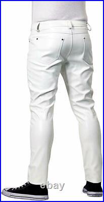 Men's Genuine Lambskin Leather Bikers Pant 5 Pockets Jeans Style White Trousers