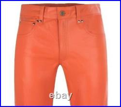 Men's Genuine Lambskin Leather Orange Pant Slim Fit Trousers Casual Biker Pants