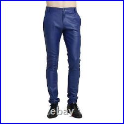Men's Genuine Lambskin Leather Pant Jeans Style 5 Pockets Motorbike Blue Pants
