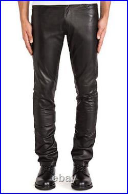Men's Genuine Lambskin Leather Pant Soft Real Leather Casual Slim Fit Pant- MP04