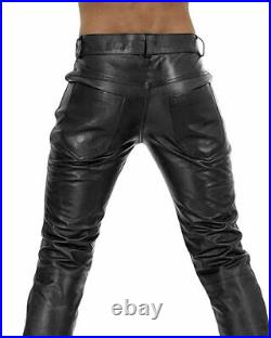 Men's Genuine Lambskin Real Leather Black Pant Slim fit Plain Biker Trousers