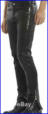 Men's Genuine Lambskin Real Leather Pant Black Motorcycle Biker Trouser Zipper