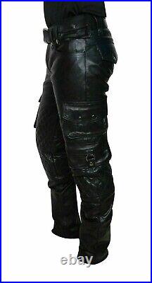 Men's Genuine Leather Cargo Pants 6 Pockets Black Leather