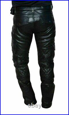 Men's Genuine Leather Cargo Pants 6 Pockets Black Leather