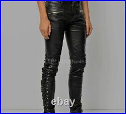 Men's Genuine Leather Laced up Biker trouser pants Street Style Black Leather pa
