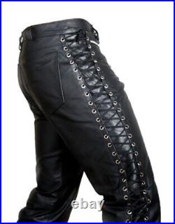 Men's Genuine Leather Pants Biker Rider Jeans Motorcycle Jeans Pant Side lace