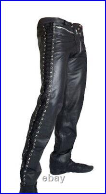 Men's Genuine Leather Pants Biker Rider Jeans Motorcycle Jeans Pant Side lace