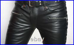Men's Genuine Leather Pants Bikers Pants Side Laces Zip Pockets Leather Pants