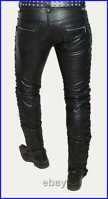 Men's Genuine Leather Pants Bikers Pants Side Laces Zip Pockets Leather Pants