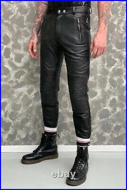 Men's Genuine Leather Quilted Panels Bikers Pants Slim Fit Bikers Pants