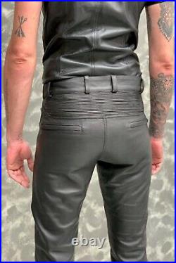 Men's Genuine Leather Quilted Panels Bikers Pants Slim Fit Bikers Pants