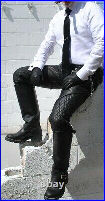 Men's Genuine Leather Quilted Panels Carpenter Pants Bikers Pants Slim Fit Pants