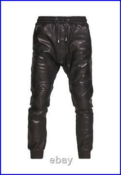 Men's Genuine Real Leather Black Biker Joggers Pants Slim Fit Casual Trousers 38