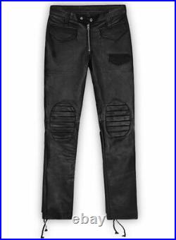 Men's Genuine Real Leather pants Slim Fit Biker pants Black Leather Lace-up pant