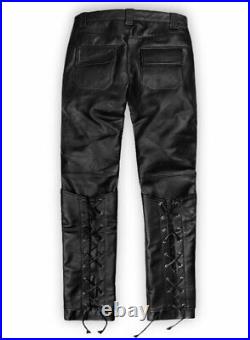 Men's Genuine Real Leather pants Slim Fit Biker pants Black Leather Lace-up pant