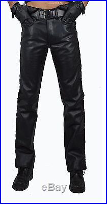 Men's Genuine Sheep Nappa Biker Motorcycle Leather Slim Pants BlackTrouser Jeans
