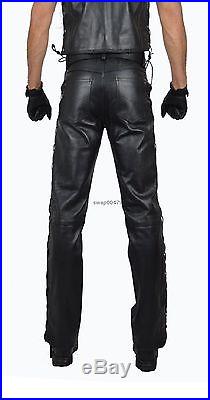 Men's Genuine Sheep Nappa Biker Motorcycle Leather Slim Pants BlackTrouser Jeans