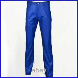 Men's Genuine Slimfit Leather Pants Casual Tight Biker Pant Cow hide Blue Color