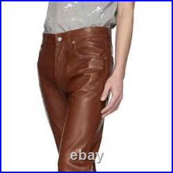 Men's Genuine Soft Lambskin Leather Brown Pant Straight fit Trouser Jeans style