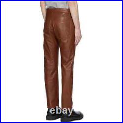 Men's Genuine Soft Lambskin Leather Brown Pant Straight fit Trouser Jeans style