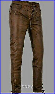 Men's Genuine Vintage Distressed Leather Laced up Biker pants Brown Leather pant
