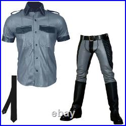 Men's High Quality Leather Gay Suit Black & Grey Contrast Pant With Quilted Pant