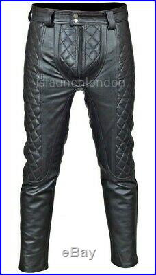 Men's Hot Genuine Cowhide Leather Bikers Pants Quilted Jeans Club Bluff Gay Gear